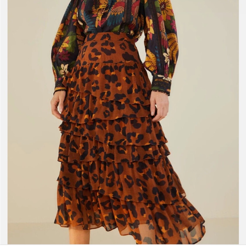 FARM RIO Leopard Print Caramel Ruffle Tiered Maxi Skirt M
